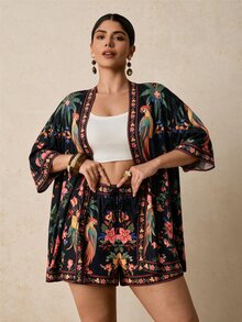 SHEIN VCAY CURVE+ Setelan 2 Potong Kemeja dan Celana Pendek Motif Burung Beo Tropis Hitam & Bunga, Pakaian Liburan Pantai Lengan Pendek - MultiWarna - View 1