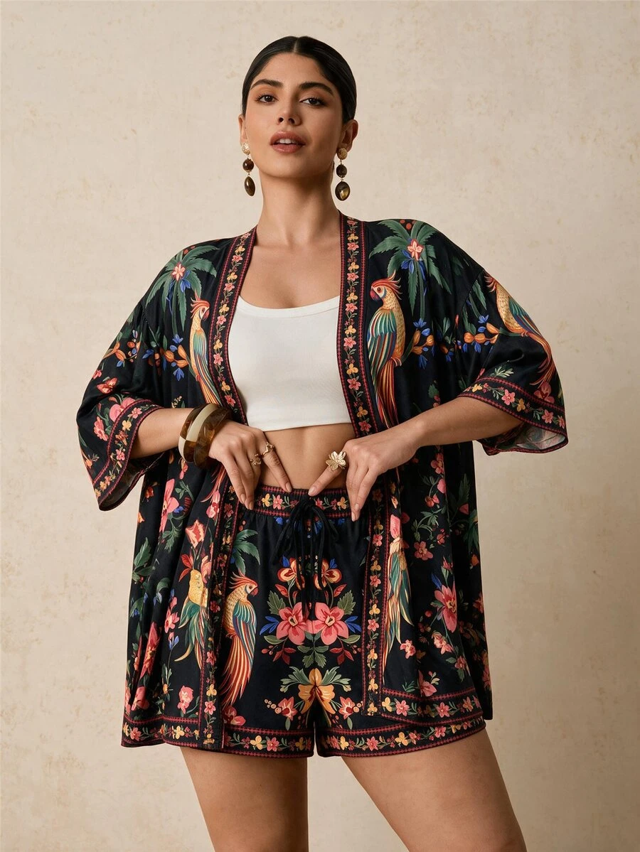SHEIN VCAY CURVE+ Setelan 2 Potong Kemeja dan Celana Pendek Motif Burung Beo Tropis Hitam & Bunga, Pakaian Liburan Pantai Lengan Pendek - MultiWarna - View 1