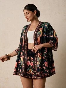 SHEIN VCAY CURVE+ Setelan 2 Potong Kemeja dan Celana Pendek Motif Burung Beo Tropis Hitam & Bunga, Pakaian Liburan Pantai Lengan Pendek - MultiWarna - View 7