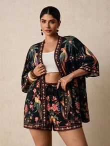 SHEIN VCAY CURVE+ Setelan 2 Potong Kemeja dan Celana Pendek Motif Burung Beo Tropis Hitam & Bunga, Pakaian Liburan Pantai Lengan Pendek - MultiWarna - View 3