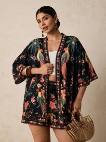 SHEIN VCAY CURVE+ Setelan 2 Potong Kemeja dan Celana Pendek Motif Burung Beo Tropis Hitam & Bunga, Pakaian Liburan Pantai Lengan Pendek - MultiWarna - View 5