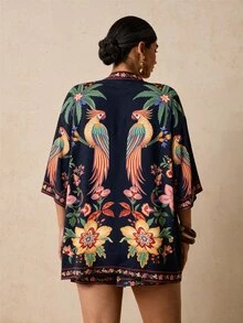 SHEIN VCAY CURVE+ Setelan 2 Potong Kemeja dan Celana Pendek Motif Burung Beo Tropis Hitam & Bunga, Pakaian Liburan Pantai Lengan Pendek - MultiWarna - View 2