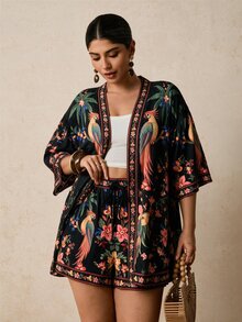 SHEIN VCAY CURVE+ Setelan 2 Potong Kemeja dan Celana Pendek Motif Burung Beo Tropis Hitam & Bunga, Pakaian Liburan Pantai Lengan Pendek - MultiWarna - View 6