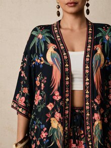 SHEIN VCAY CURVE+ Setelan 2 Potong Kemeja dan Celana Pendek Motif Burung Beo Tropis Hitam & Bunga, Pakaian Liburan Pantai Lengan Pendek - MultiWarna - View 8