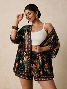 SHEIN VCAY CURVE+ Setelan 2 Potong Kemeja dan Celana Pendek Motif Burung Beo Tropis Hitam & Bunga, Pakaian Liburan Pantai Lengan Pendek - MultiWarna - View 4