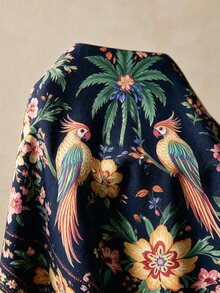 SHEIN VCAY CURVE+ Setelan 2 Potong Kemeja dan Celana Pendek Motif Burung Beo Tropis Hitam & Bunga, Pakaian Liburan Pantai Lengan Pendek - MultiWarna - View 9