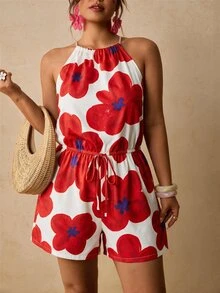 SHEIN VCAY CURVE+ Jumpsuit Pendek Leher Halter Motif Bunga Merah & Putih, Romper Ikat Pinggang untuk Liburan Pantai - MultiWarna - View 5