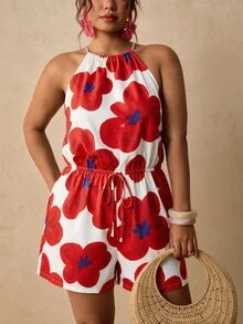 SHEIN VCAY CURVE+ Jumpsuit Pendek Leher Halter Motif Bunga Merah & Putih, Romper Ikat Pinggang untuk Liburan Pantai - MultiWarna - View 1