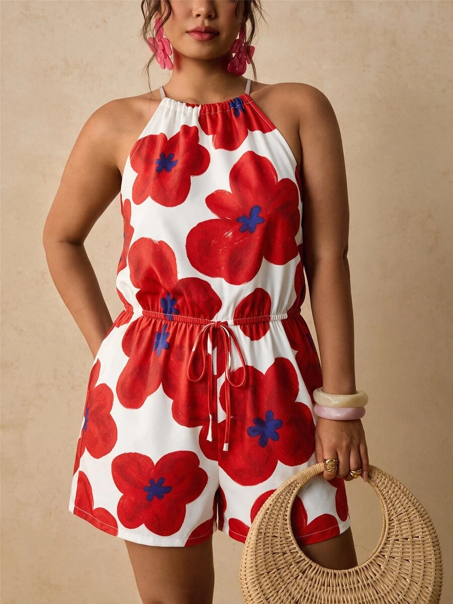 SHEIN VCAY CURVE+ Jumpsuit Pendek Leher Halter Motif Bunga Merah & Putih, Romper Ikat Pinggang untuk Liburan Pantai - MultiWarna - View 1
