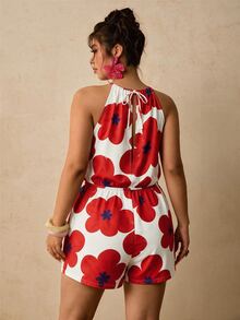 SHEIN VCAY CURVE+ Jumpsuit Pendek Leher Halter Motif Bunga Merah & Putih, Romper Ikat Pinggang untuk Liburan Pantai - MultiWarna - View 2