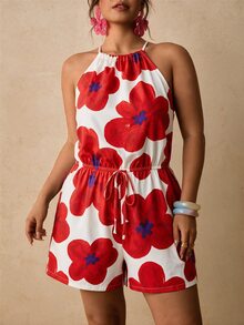 SHEIN VCAY CURVE+ Jumpsuit Pendek Leher Halter Motif Bunga Merah & Putih, Romper Ikat Pinggang untuk Liburan Pantai - MultiWarna - View 4