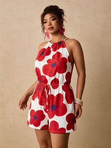 SHEIN VCAY CURVE+ Jumpsuit Pendek Leher Halter Motif Bunga Merah & Putih, Romper Ikat Pinggang untuk Liburan Pantai - MultiWarna - View 8