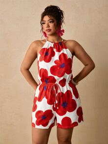 SHEIN VCAY CURVE+ Jumpsuit Pendek Leher Halter Motif Bunga Merah & Putih, Romper Ikat Pinggang untuk Liburan Pantai - MultiWarna - View 7