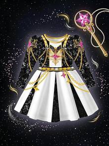 SHEIN 女童韓系K-Pop圓領長袖洋裝，適合假期表演與嘉年華 - 黑與白 - 查看 4