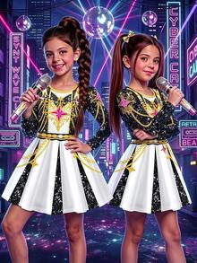 SHEIN 女童韓系K-Pop圓領長袖洋裝，適合假期表演與嘉年華 - 黑與白 - 查看 3