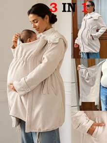MaterniWear Maternity Drawstring Waist Hooded 3-In-1 Jacket Fall - Khaki - View 3