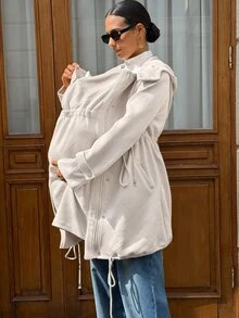 MaterniWear Maternity Drawstring Waist Hooded 3-In-1 Jacket Fall - Khaki - View 11
