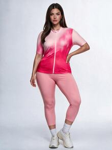 SHEIN Velisys Women's Plus Size Gradient Print Short Sleeve Sports Kawaii T-Shirt Gym Light Pink Summer - Multicolor - View 2