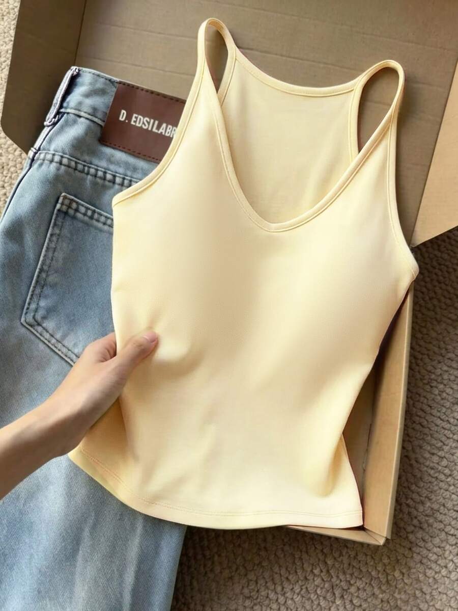 Resyla Women's Solid Color Casual Versatile Everyday Camisole Top - Apricot - View 1