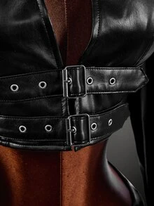 Amplova Women's Autumn/Winter Fashion Solid Color Stand Collar Belt Metal Eyelet Cropped Jacket PU Style Suitable For Autumn/Winter Outfits - Black - View 11