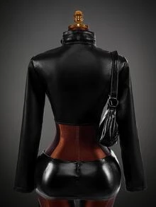 Amplova Women's Autumn/Winter Fashion Solid Color Stand Collar Belt Metal Eyelet Cropped Jacket PU Style Suitable For Autumn/Winter Outfits - Black - View 7