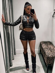 Amplova Women's Autumn/Winter Fashion Solid Color Stand Collar Belt Metal Eyelet Cropped Jacket PU Style Suitable For Autumn/Winter Outfits - Black - View 3