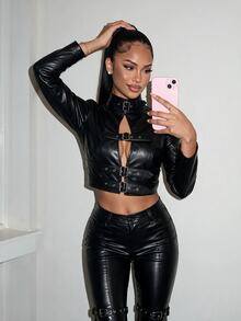 Amplova Women's Autumn/Winter Fashion Solid Color Stand Collar Belt Metal Eyelet Cropped Jacket PU Style Suitable For Autumn/Winter Outfits - Black - View 14