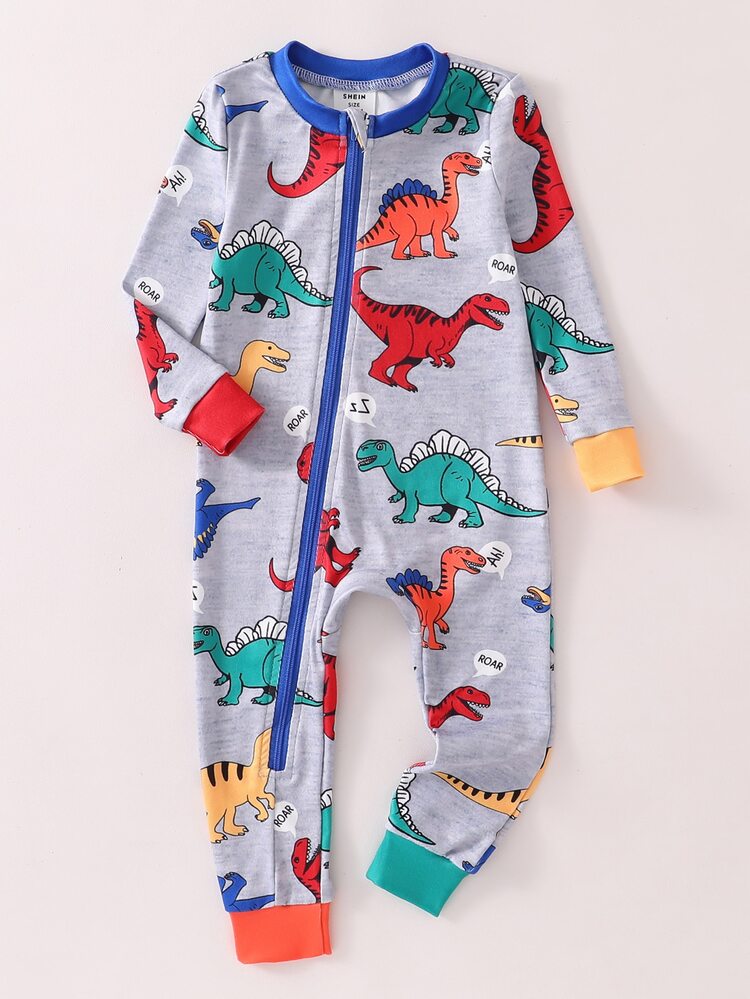 Baby Boy Colorful Dinosaur Print Long Sleeve Jumpsuit, Cute Fall Autumn/Winter Grey Casual Zipper Pajamas, Snug Fit Lounge Clothes Soft Cozy Indoor - Multicolor - View 6