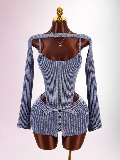 Amplova Women's 3 PiecesKnit Set, Long Sleeve Jumpsuit With Folded Waist Skirt, Sexy Hollow Out, Autumn/Winter Night Party Dusty Blue