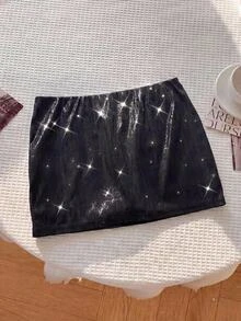 SHEIN 青少年女孩黑色低腰迷你裙，PU內建短褲，休閒純色低腰迷你裙 - 黑色 - 查看 1