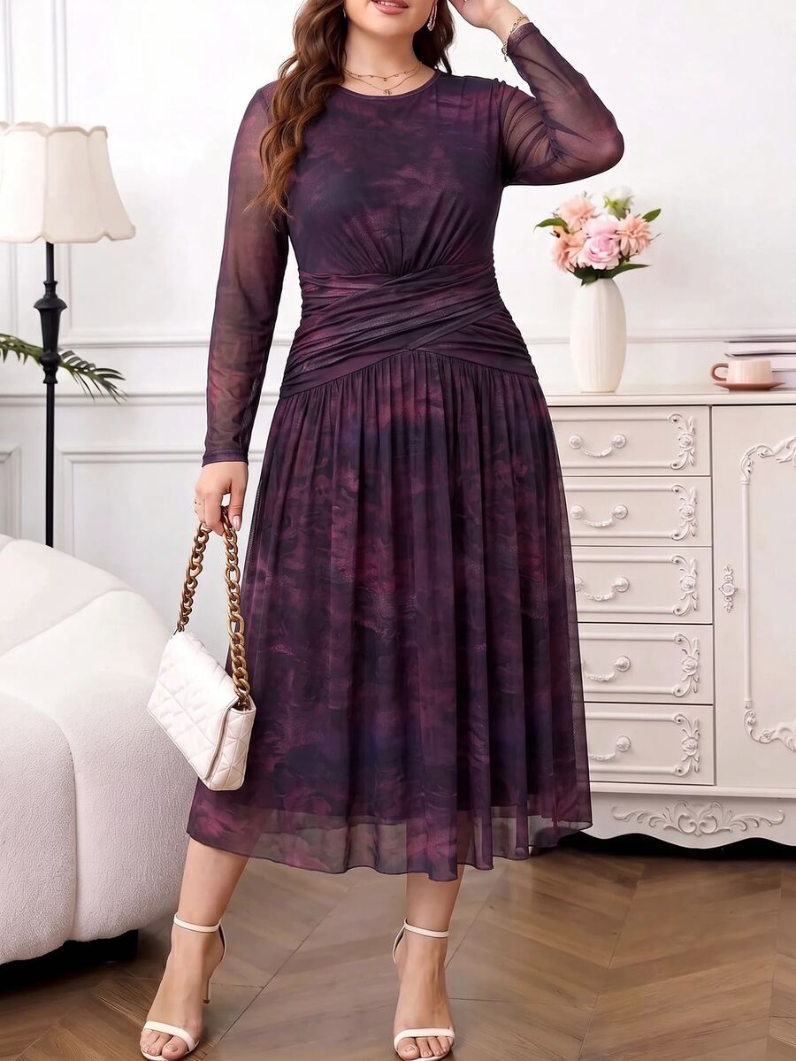 Reflora Plus Size Fashion Tie-Dye Ruched Waist Dress For Evening Party