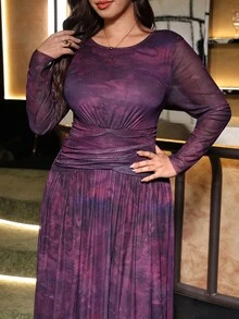 Reflora Plus Size Fashion Tie-Dye Ruched Waist Dress For Evening Party - Purple - View 7