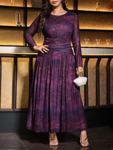 Reflora Plus Size Fashion Tie-Dye Ruched Waist Dress For Evening Party - Purple - View 2