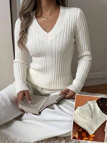 Comfortcana Plus Size White Fitted V-Neck Sweater, Casual Baggy Filipiniana Logo In Spring Graduation Formal Home Wear - White - View 5