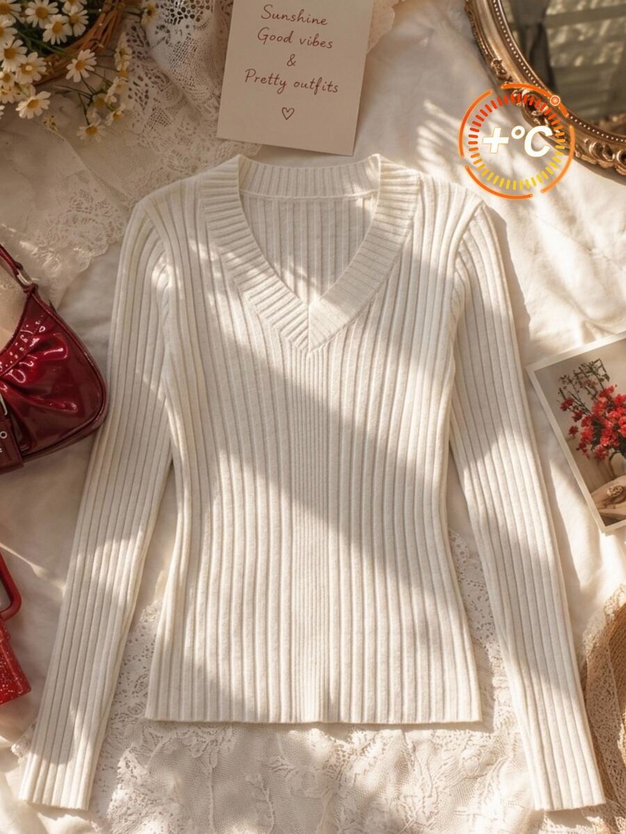 Comfortcana Plus Size White Fitted V-Neck Sweater, Casual Baggy Filipiniana Logo In Spring Graduation Formal Home Wear - White - View 1