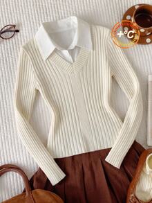 Comfortcana Plus Size White Fitted V-Neck Sweater, Casual Baggy Filipiniana Logo In Spring Graduation Formal Home Wear - White - View 7
