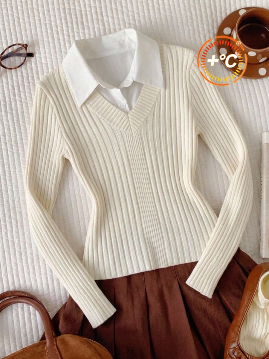 Comfortcana Plus Size White Fitted V-Neck Sweater, Casual Baggy Filipiniana Logo In Spring Graduation Formal Home Wear - White - View 1