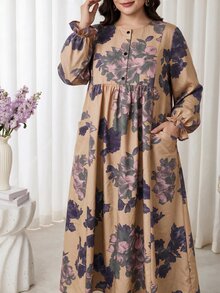 Al Najma 大尺碼女款花卉印花休閒派對阿拉伯風洋裝 - 卡其色 - 查看 6