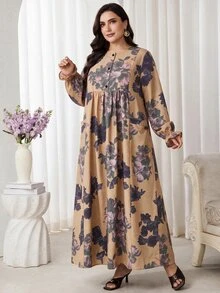 Al Najma 大尺碼女款花卉印花休閒派對阿拉伯風洋裝 - 卡其色 - 查看 3