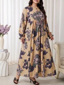 Al Najma 大尺碼女款花卉印花休閒派對阿拉伯風洋裝 - 卡其色 - 查看 4
