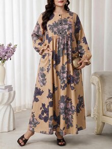Al Najma 大尺碼女款花卉印花休閒派對阿拉伯風洋裝 - 卡其色 - 查看 5