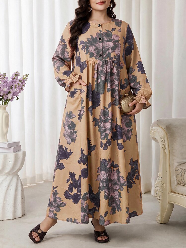 Al Najma Plus Size Women's Floral Print Casual Party Arabian Dress - Khaki - View 5