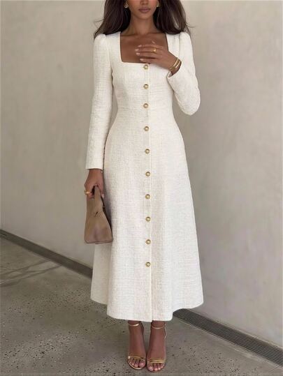 Lucivie Fall Ladies White Tweed Midi Dress, Square Neck LongSleeve Decor Gold Buttons Fitted Waist ALine Silhouette Textured Woven Elegant Office Party Dres