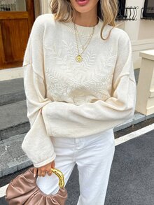 Serisse Women's Plant Embroidery Round Neck Drop Shoulder Long Sleeve Loose Sweater Fall Dark Academia Oversized Chunky Cream - Pale Yellow - View 6