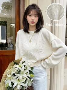 Serisse Women's Plant Embroidery Round Neck Drop Shoulder Long Sleeve Loose Sweater Fall Dark Academia Oversized Chunky Cream - Pale Yellow - View 1