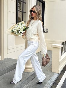 Serisse Women's Plant Embroidery Round Neck Drop Shoulder Long Sleeve Loose Sweater Fall Dark Academia Oversized Chunky Cream - Pale Yellow - View 4