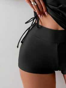 SHEIN Swim 2pcs/Set Women Twist Cup Crisscross Back Ruched Tie Side Tankini Swimwear Set For Summer Beach Vacation - Black - View 5