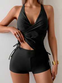 SHEIN Swim 2pcs/Set Women Twist Cup Crisscross Back Ruched Tie Side Tankini Swimwear Set For Summer Beach Vacation - Black - View 4