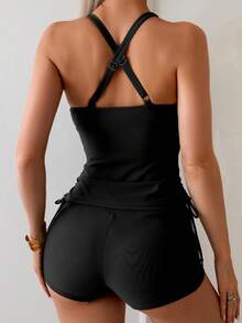SHEIN Swim 2pcs/Set Women Twist Cup Crisscross Back Ruched Tie Side Tankini Swimwear Set For Summer Beach Vacation - Black - View 2