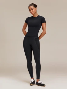 GLOWMODE Second-Skin Seamless Soft Focus Crew Neck Tee With Fitted Waist-Length Design Daily Casual Summer Wear - Black - View 6